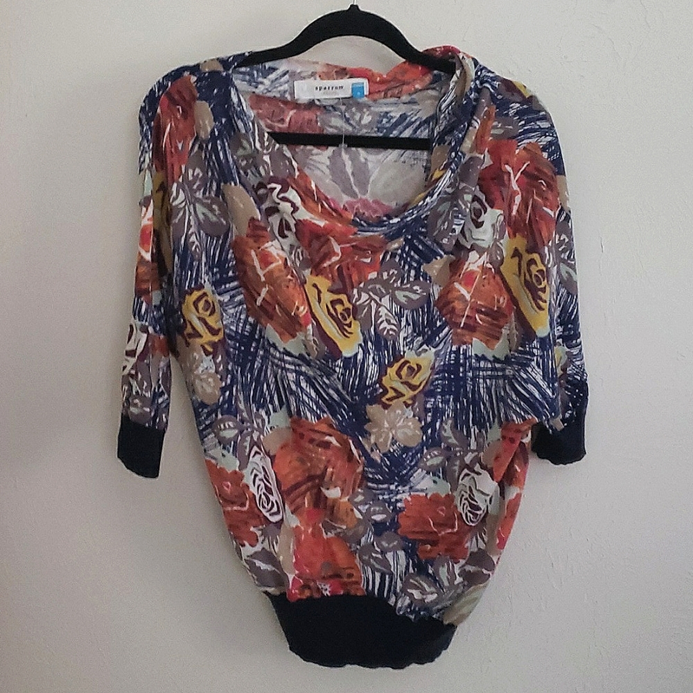 Floral 3/4 batwing sleeves open neck asymmetric open shoulder cotton top